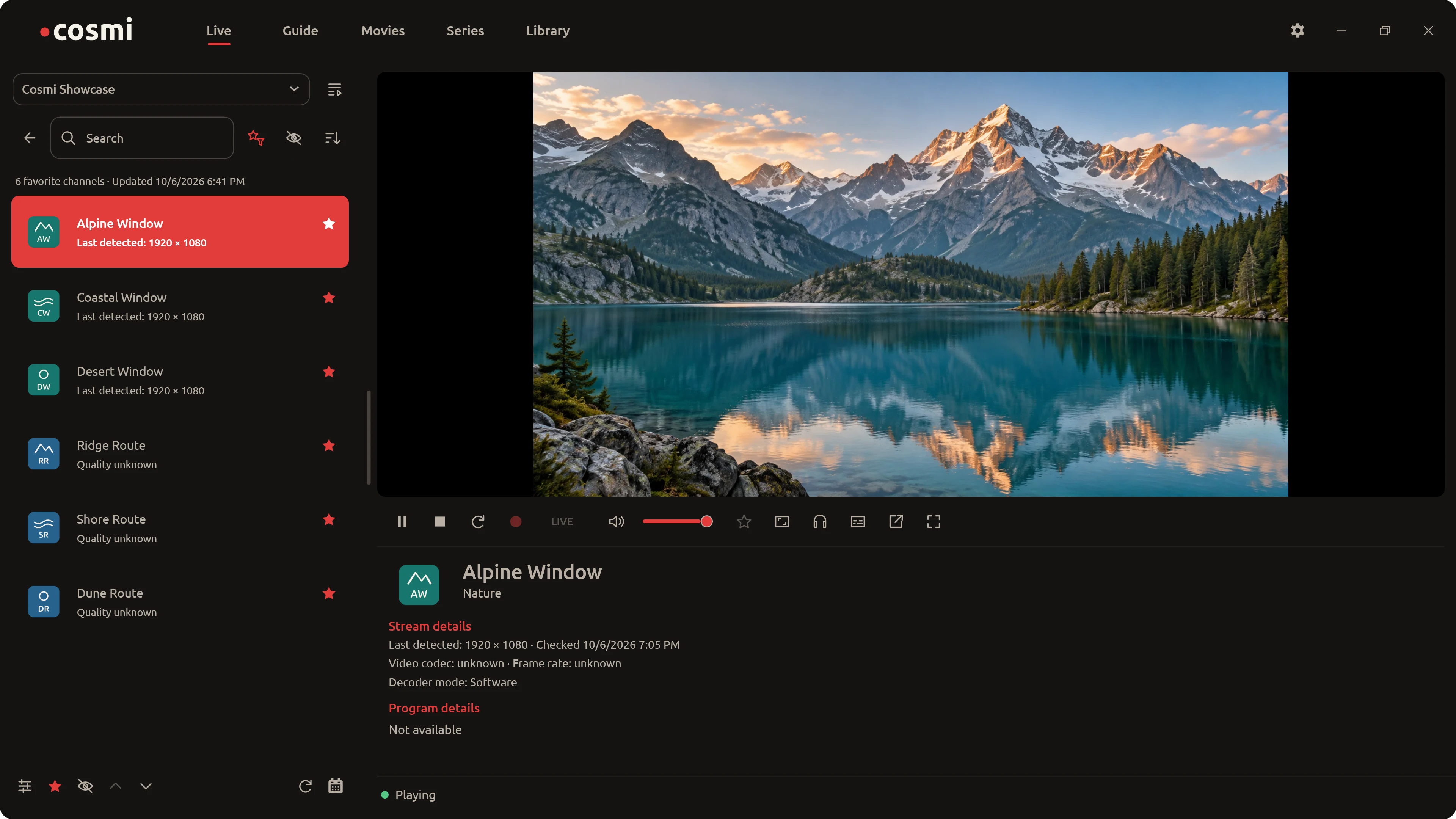 Cosmi Player Live view in dark appearance, with rounded corners and illustrative media.