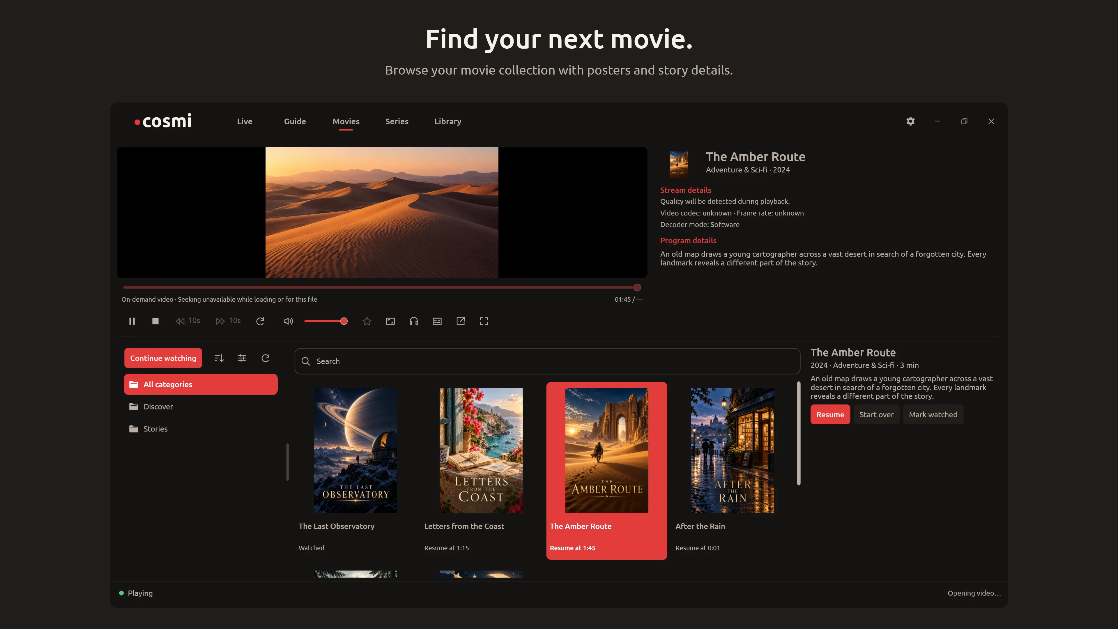Find your next movie. Cosmi Player Movies / Dark view. Browse your movie collection with posters and story details.